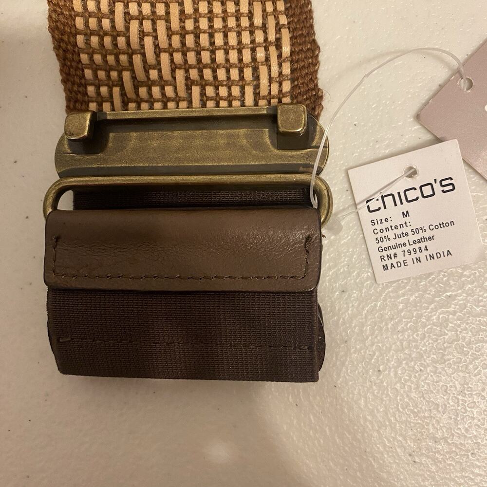 Chico's Leather Crochet Stretch Belt Neutral Size 3/M Mad Max Boho Festival New - Picture 3 of 7